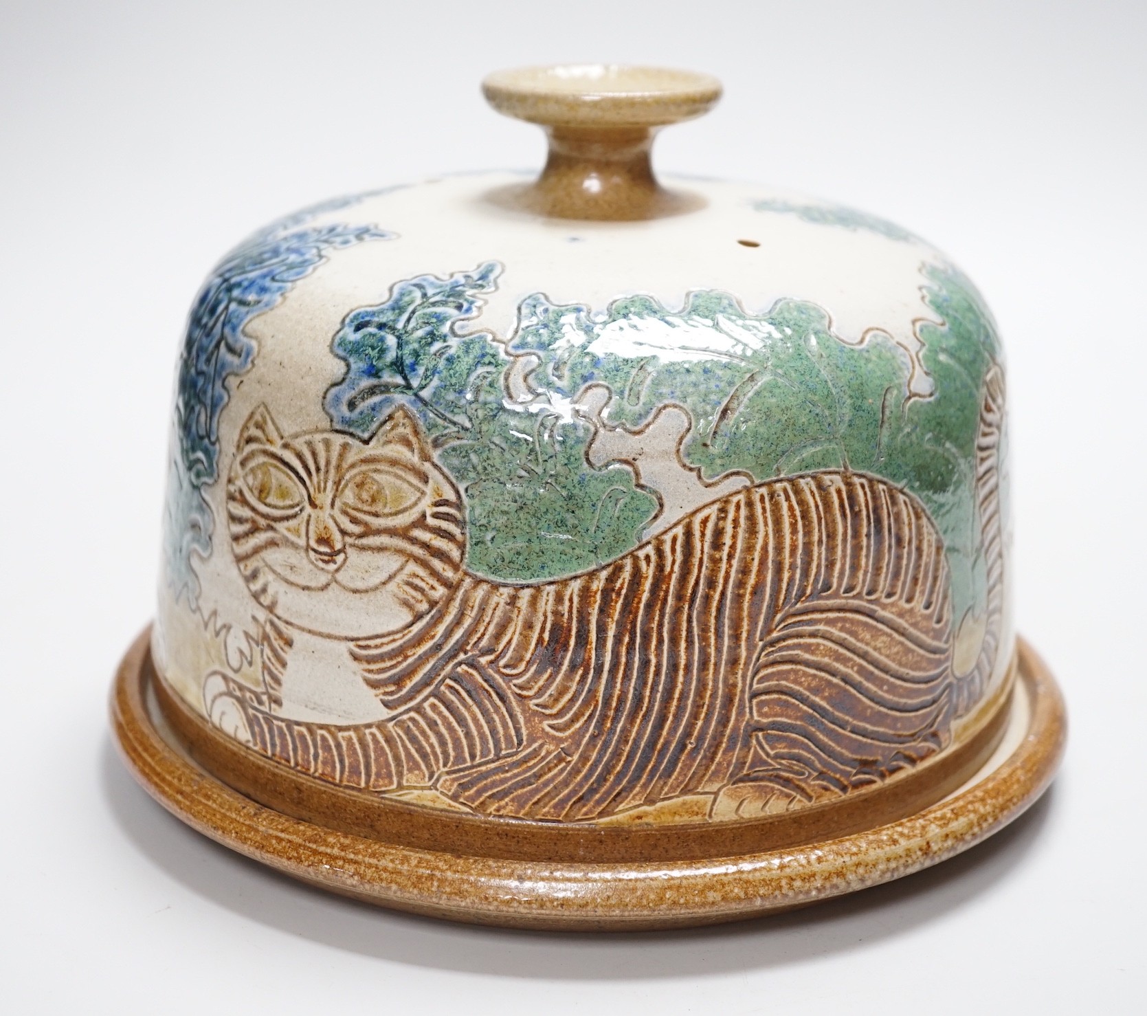 Michael Mosse, a studio pottery cheese dish and cover, decorated with cats, 16cms high